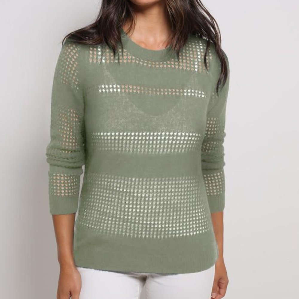 Safari Green Cashmere Mesh Crewneck Pullover